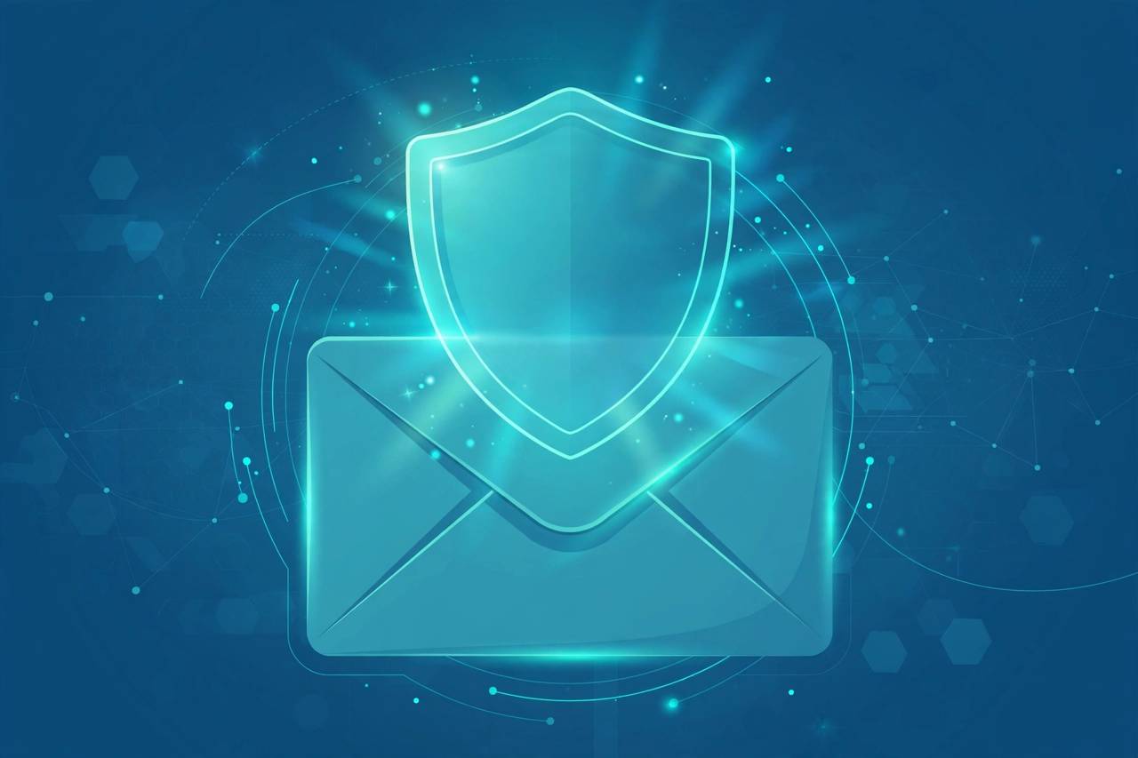 Shield icon over an email envelope symbolizing phishing protection, clean digital illustration