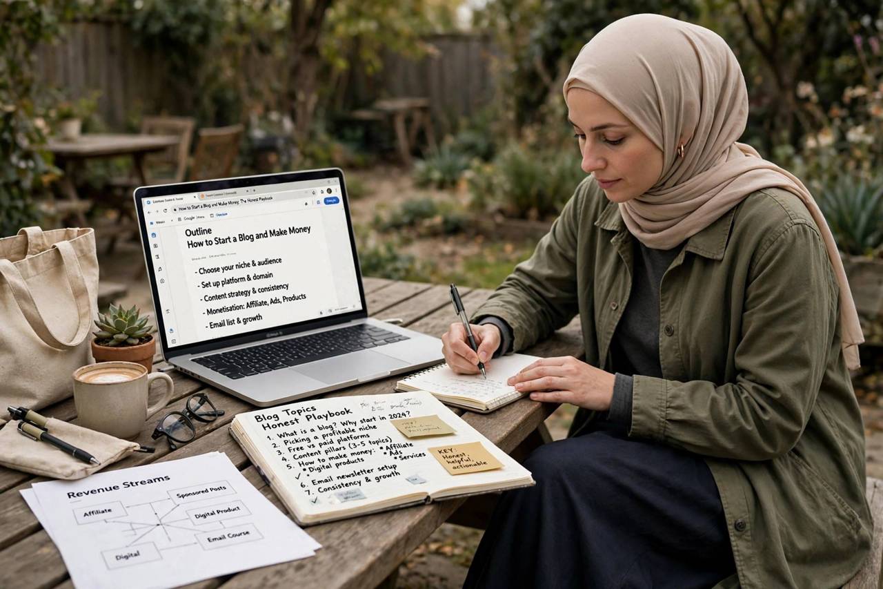 Blogger planning article topics on a notebook beside a laptop