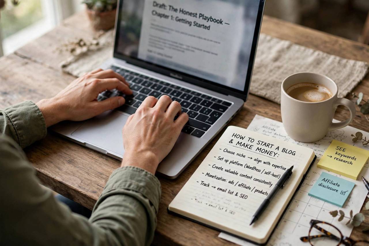 Hands typing on a laptop with a coffee mug and notebook on the desk