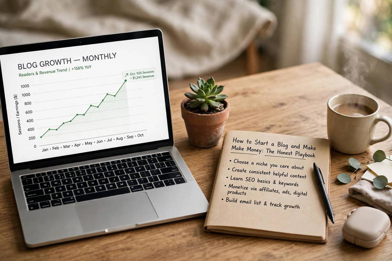 Growth chart on a laptop screen next to a small potted plant
