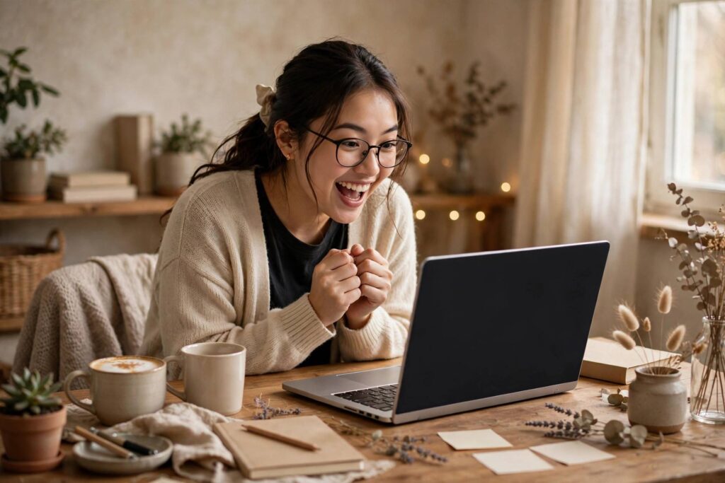 Excited new blogger launching their first blog on a laptop at a cozy desk