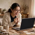 Excited new blogger launching their first blog on a laptop at a cozy desk