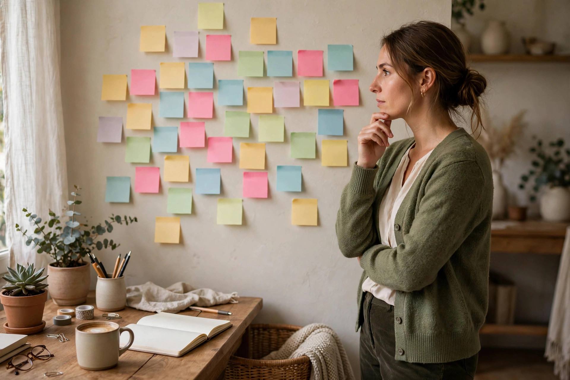 Woman brainstorming blog niche ideas with sticky notes on a wall