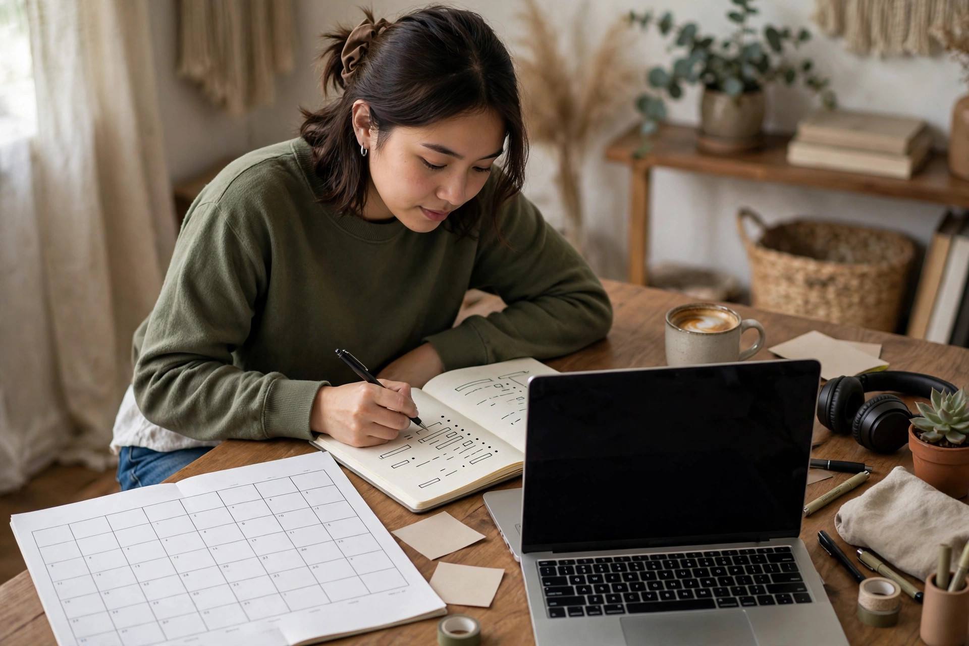 Blogger planning content calendar with notebook and laptop, first blog posts outlined