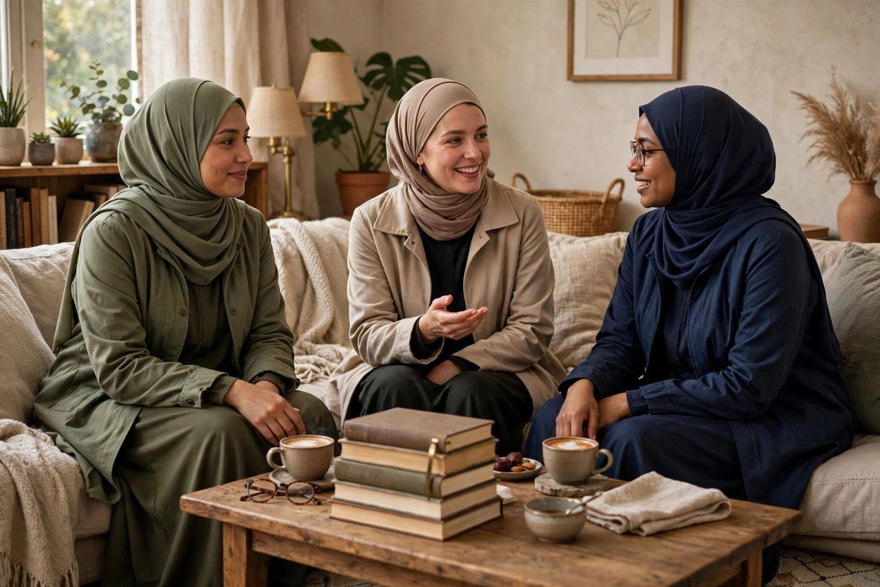 Cozy living room with friends chatting over coffee and a stack of books