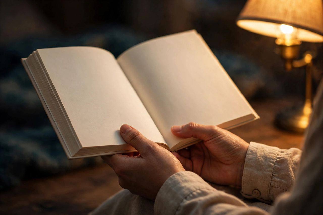 Close-up of hands holding an open book with a warm reading lamp glow