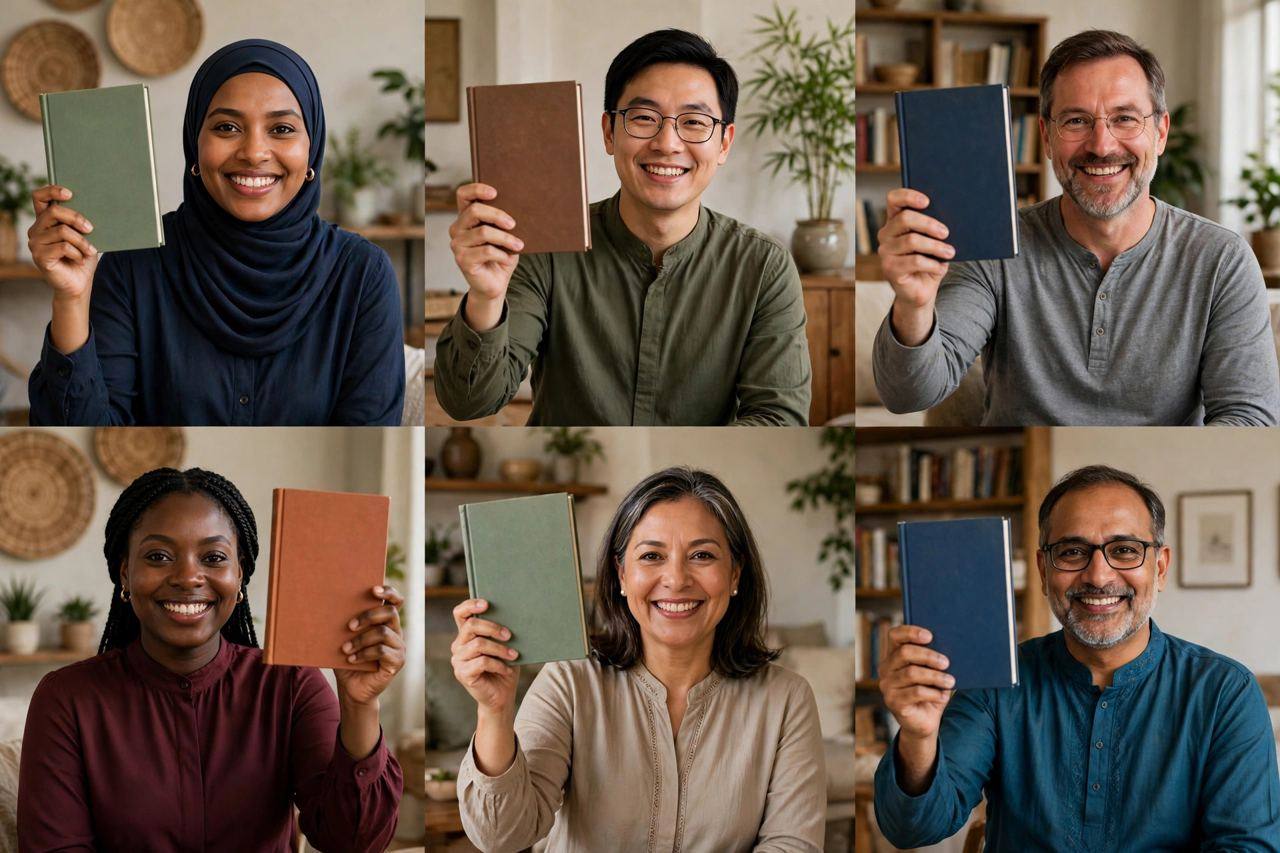 Diverse group of people in a video call, smiling and holding up books