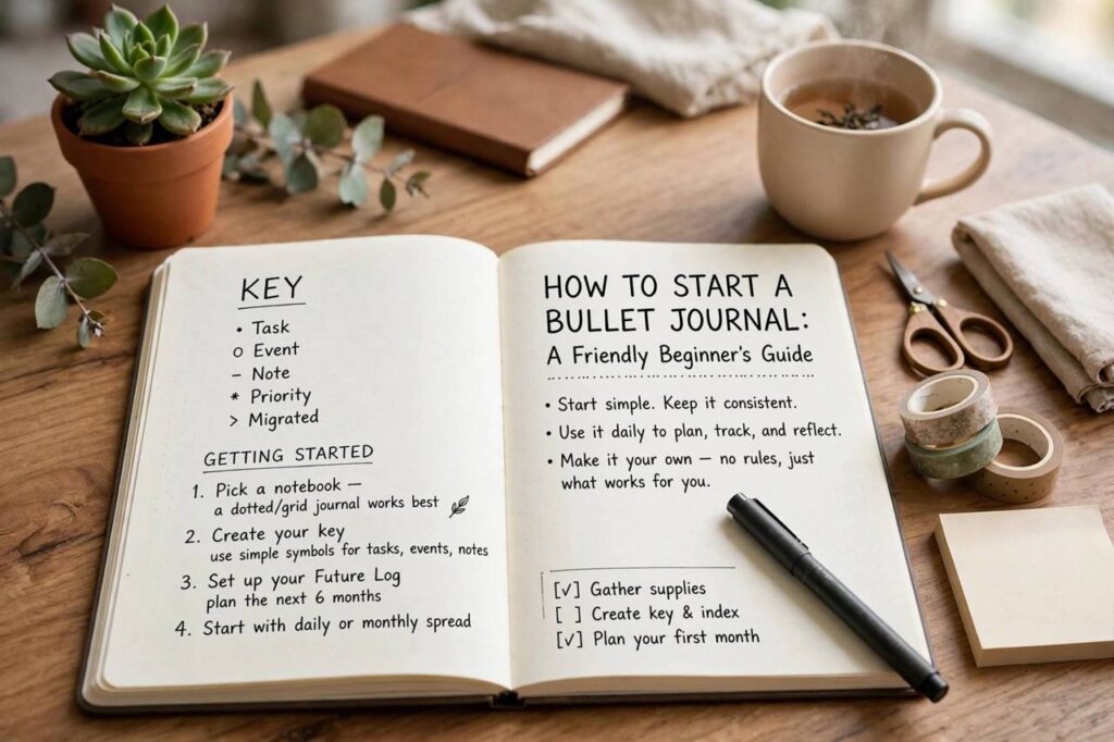 Open bullet journal notebook with pen on a tidy desk