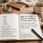 Open bullet journal notebook with pen on a tidy desk