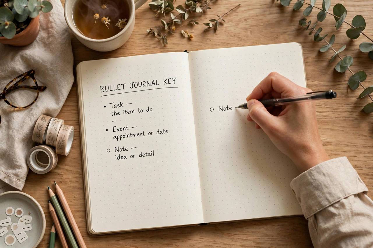Hand writing a simple bullet journal key with dots dashes and circles