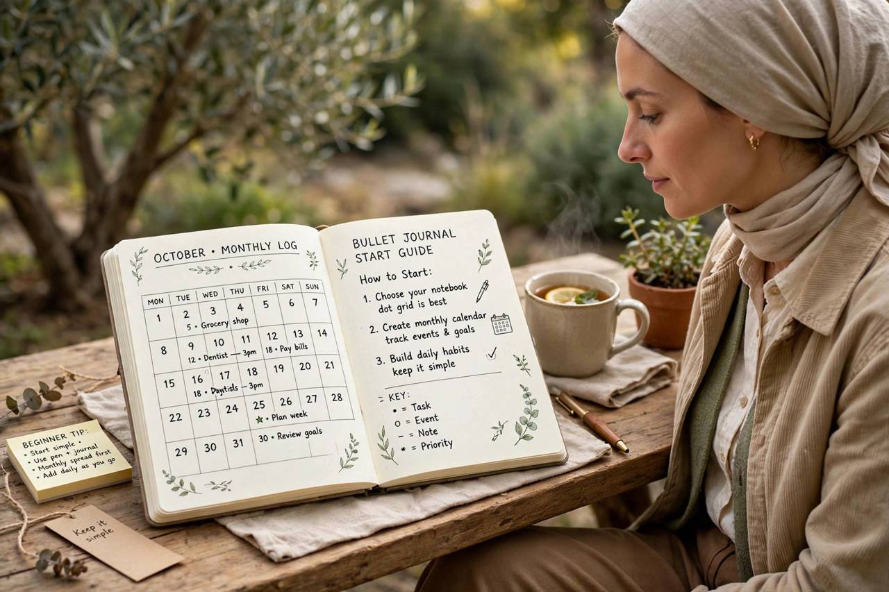 Person reviewing a bullet journal monthly spread with a cup of tea nearby