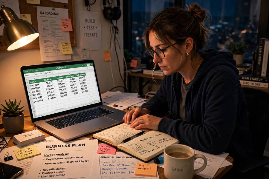 Entrepreneur planning at night, the reality behind how to start a business