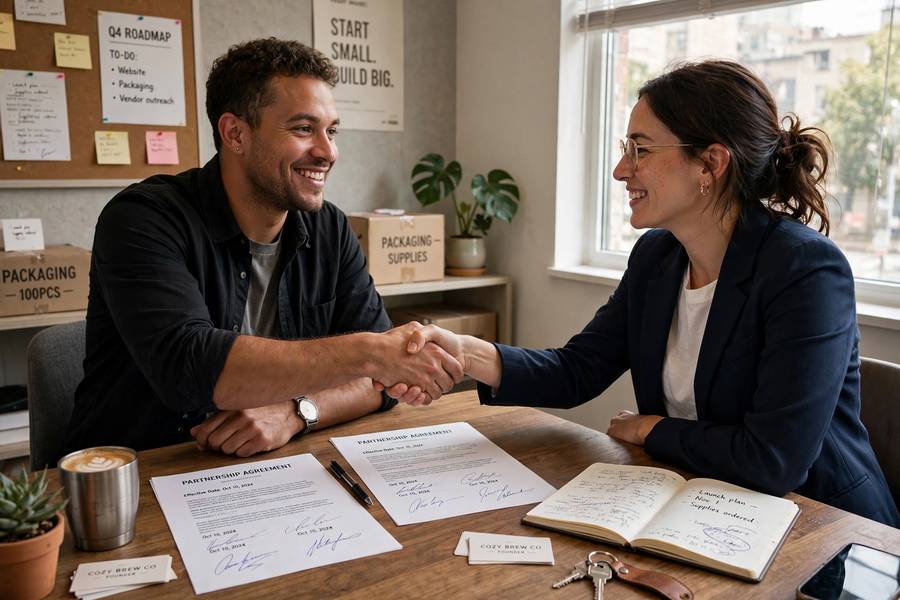 Founders finalizing partnership documents when learning how to start a business