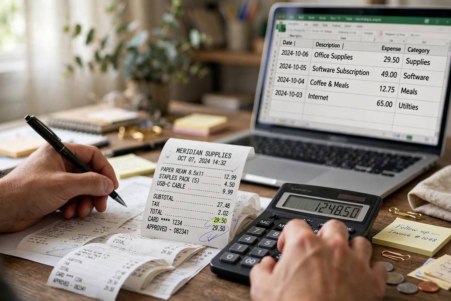 Managing startup finances with calculator and receipts, part of how to start a business