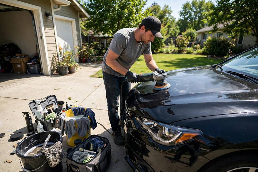 Mobile detailer polishing a car showing how to start a car detailing business