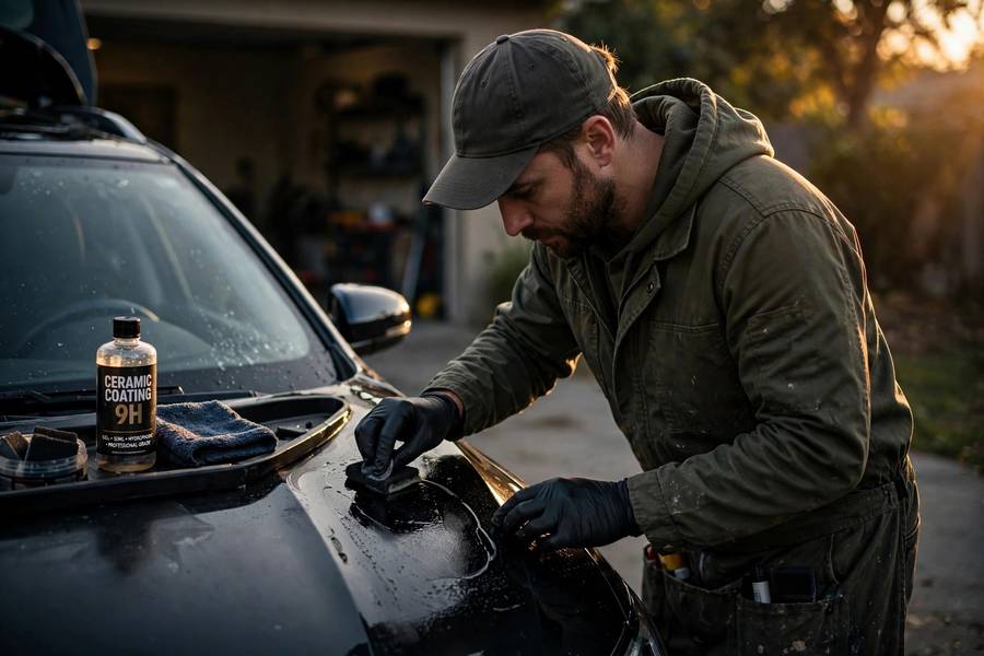 Professional applying ceramic coating to a car hood