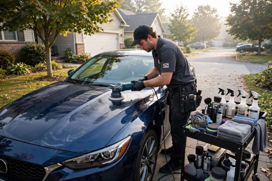 Mobile detailer polishing a car, illustrating how to start a detailing business with no experience