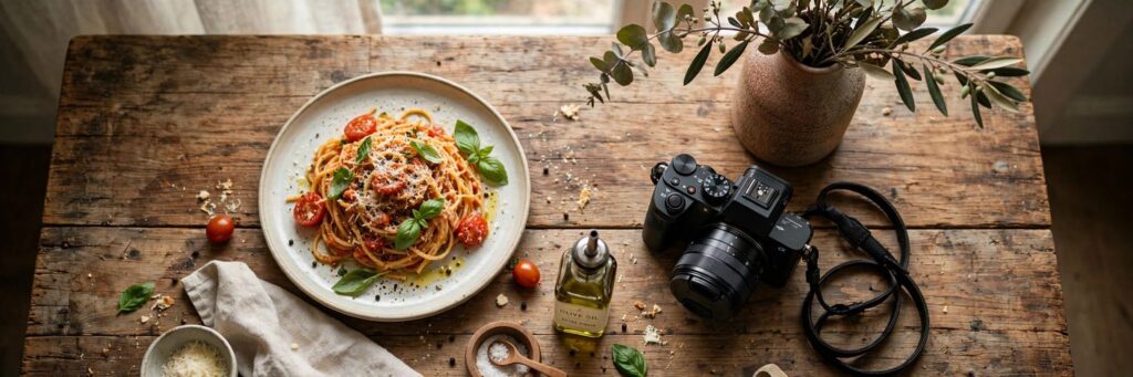 Overhead shot of a home food photography setup: rustic wooden table with a plated pasta dish, camera and natural window light