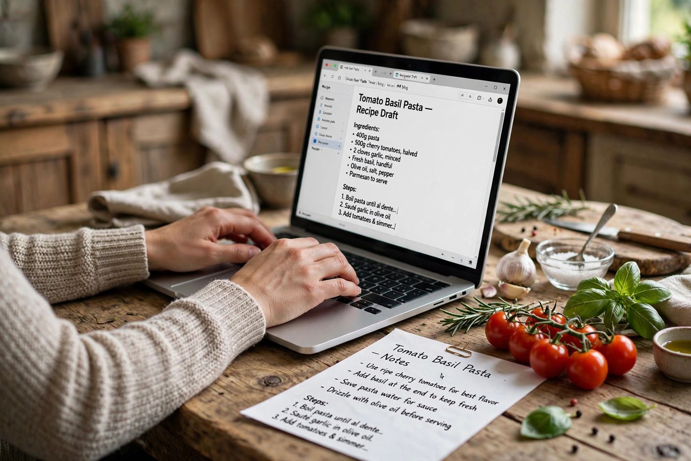 Food blogger typing a recipe post on a laptop with printed recipe notes and fresh ingredients nearby
