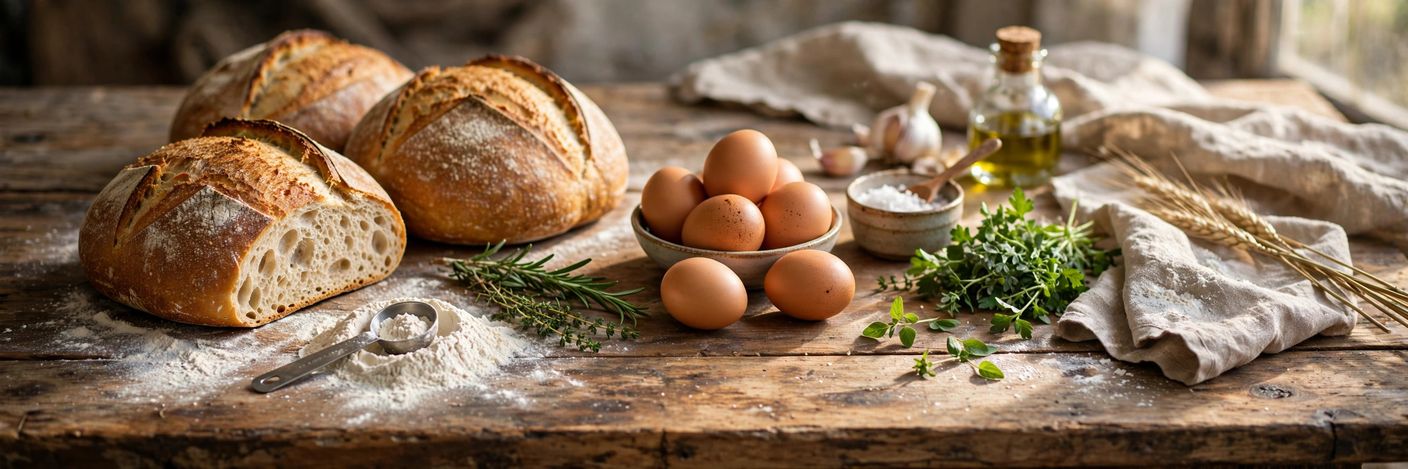 Freshly baked bread and ingredients arranged for a recipe photo shoot on a rustic table
