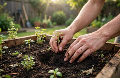 Hands planting a seedling when learning how to start a garden