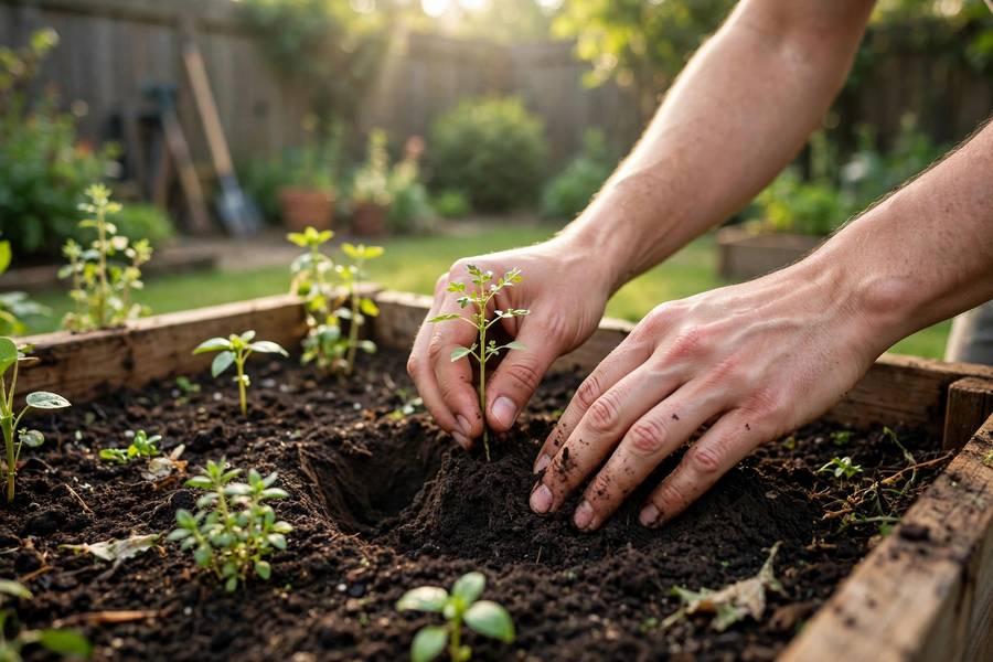 Hands planting a seedling when learning how to start a garden
