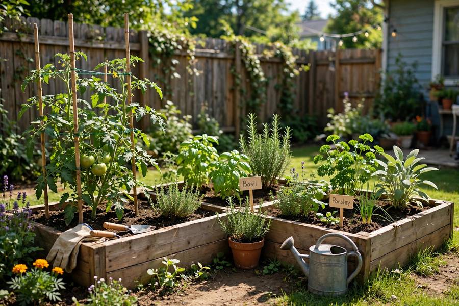 Small raised bed garden thriving after following how to start a garden guide