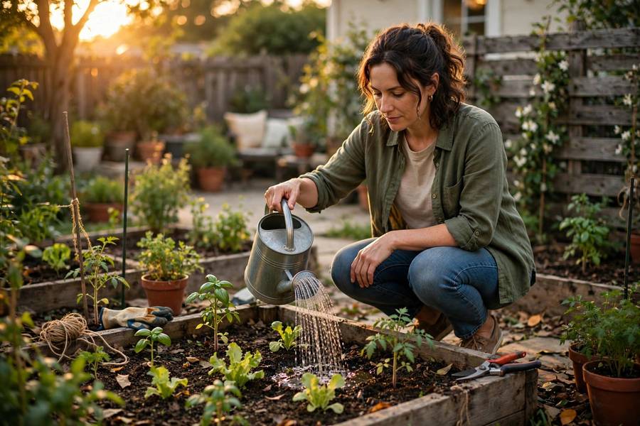 Watering young plants in the evening while learning how to start a garden