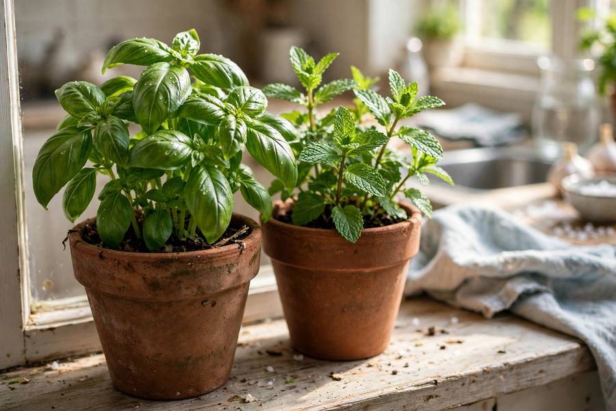 Herbs growing on a windowsill for beginners learning how to start a garden