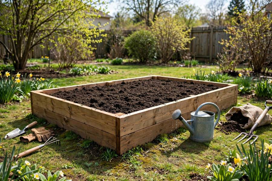 New raised bed vegetable garden built on a former lawn patch on a bright spring day