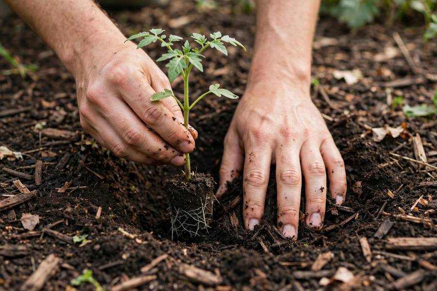Hands planting a tomato seedling into dark rich soil in a mulched garden bed
