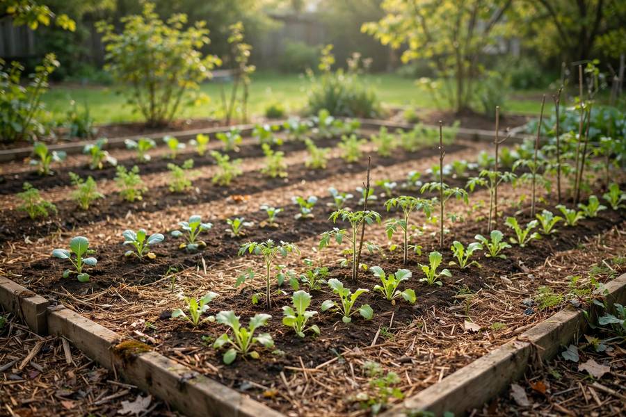 Small beginner vegetable garden in early summer with neat mulched rows of young plants