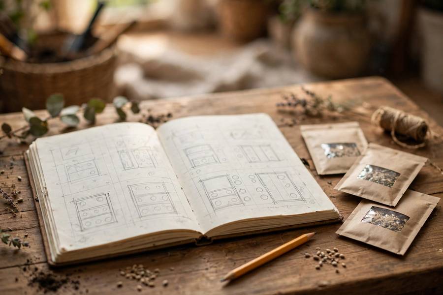 Gardener's journal open beside seed packets and a pencil on a wooden table