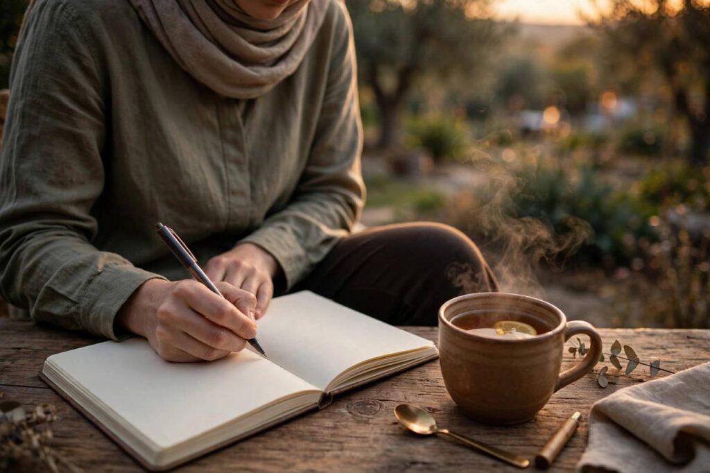 Hands writing in an open journal beside a warm cup of tea on a wooden table, evening light