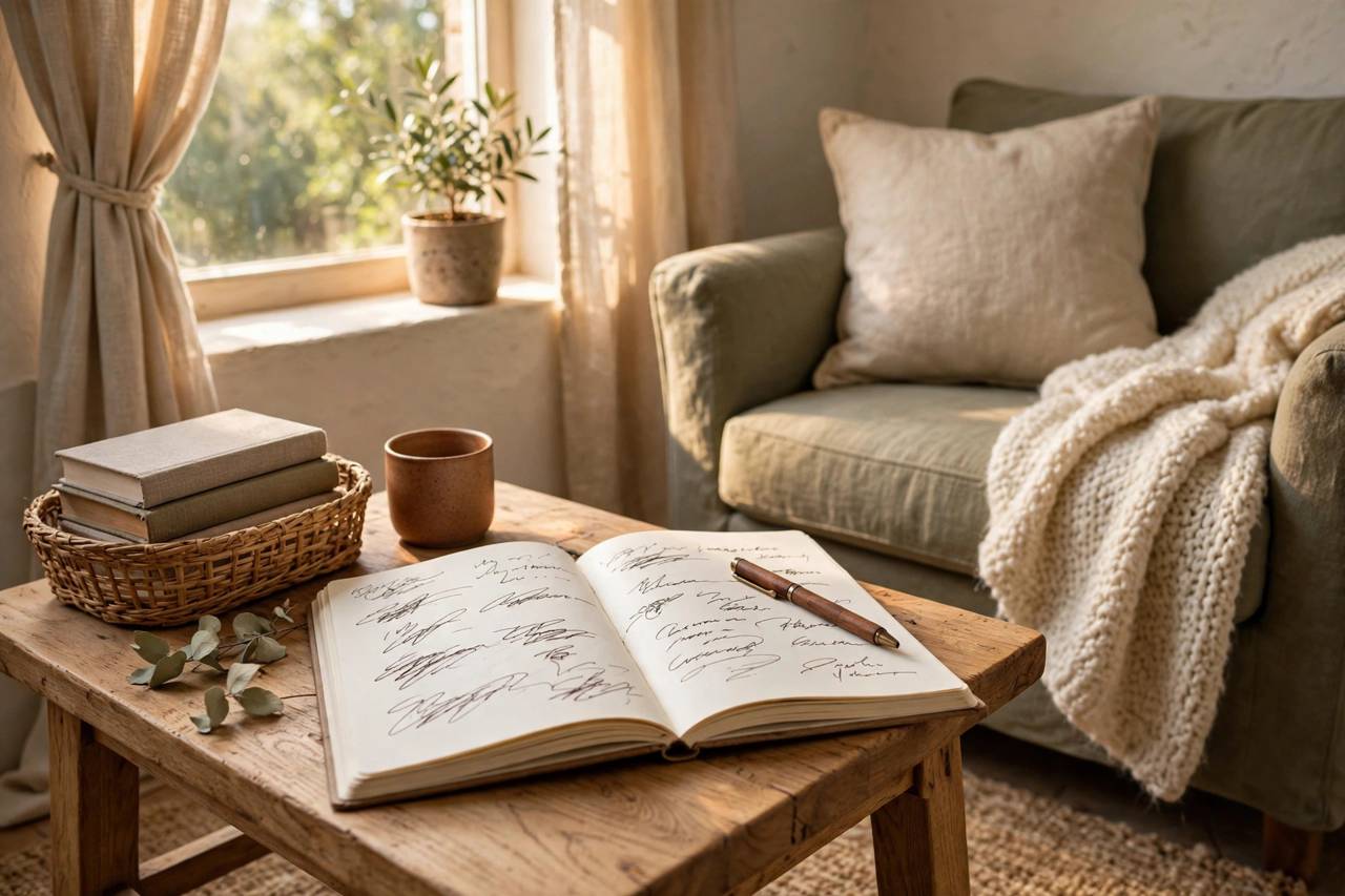 Open journal with handwritten entries and a pen, cozy reading nook, no people