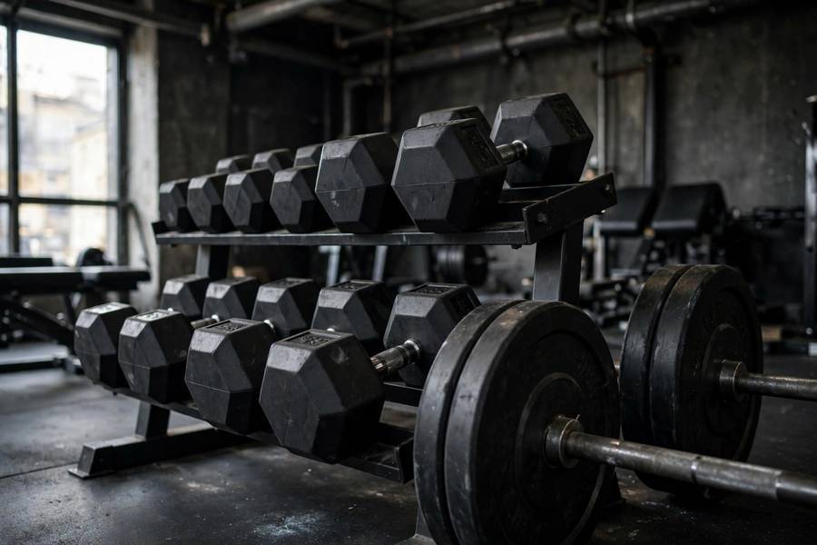 Free weights section illustrating equipment choices for how to start a gym
