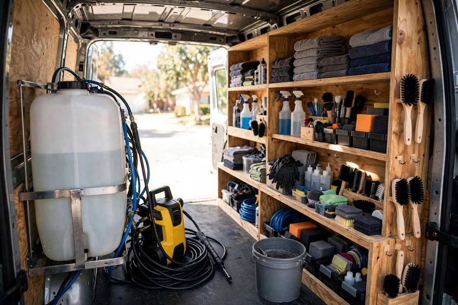 Water tank and equipment rig inside a mobile detailing business van