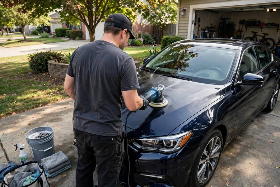 Detailer polishing a car at a customer location for mobile detailing business