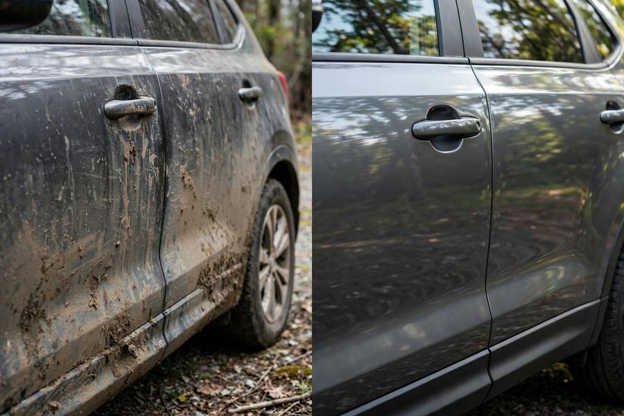 Before and after mobile detailing business results on an SUV