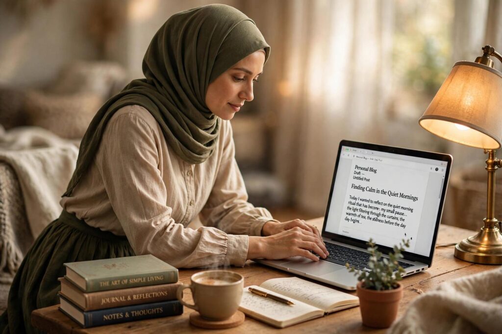 Person writing a personal blog post on a laptop at a cozy desk