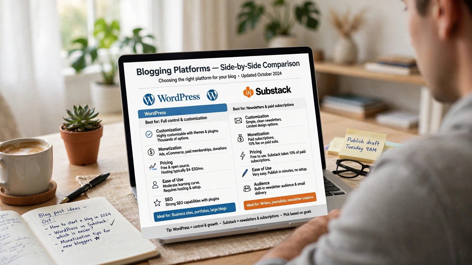 Comparing blogging platforms on a laptop screen for starting a personal blog