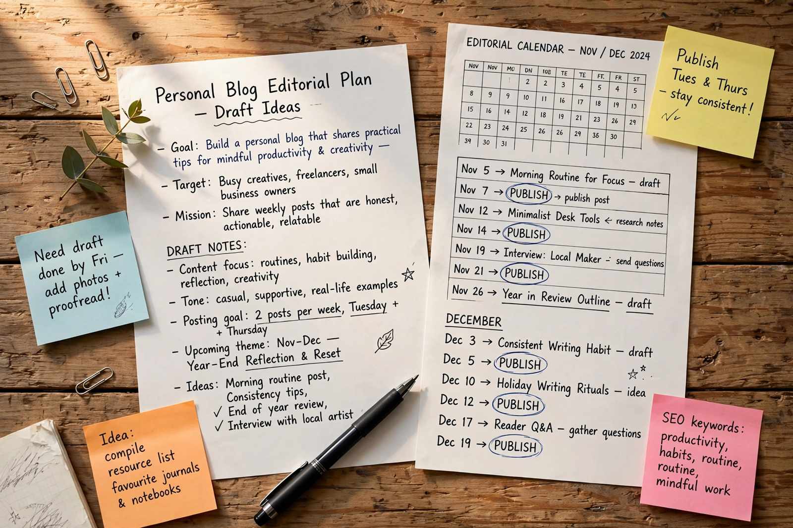 Handwritten draft notes for a personal blog editorial plan