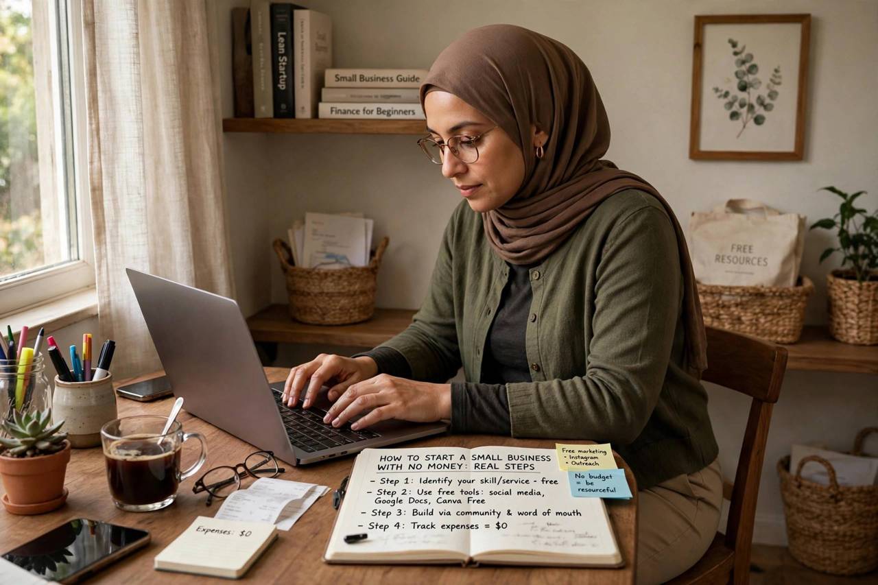 Person working on a laptop at a home desk starting a small business