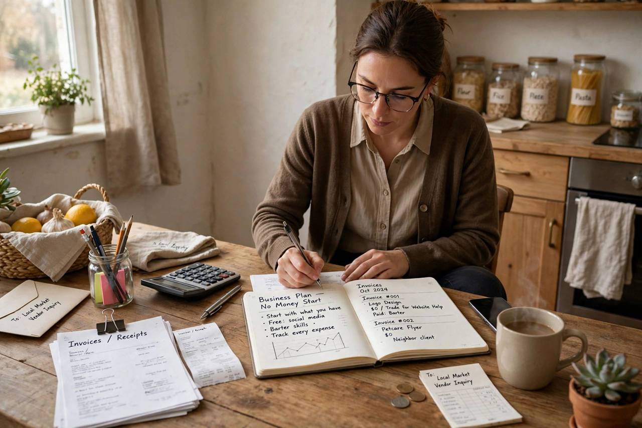Small business owner writing invoices and plans in a notebook at a kitchen table