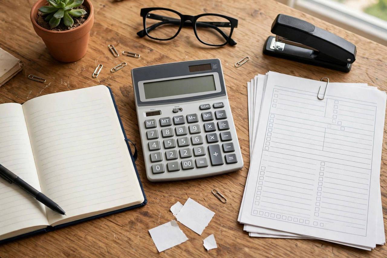 Calculator, tax forms, and a notebook arranged on a desk during small business tax planning