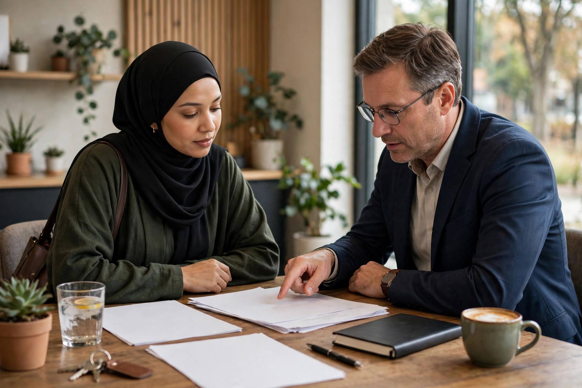 Small business owner reviewing insurance documents with an advisor across a table
