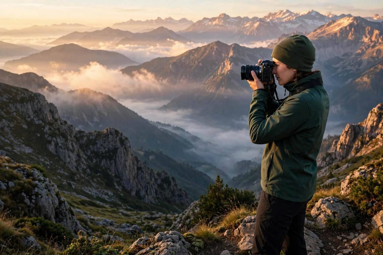 Person photographing a scenic mountain viewpoint at sunrise with a mirrorless camera