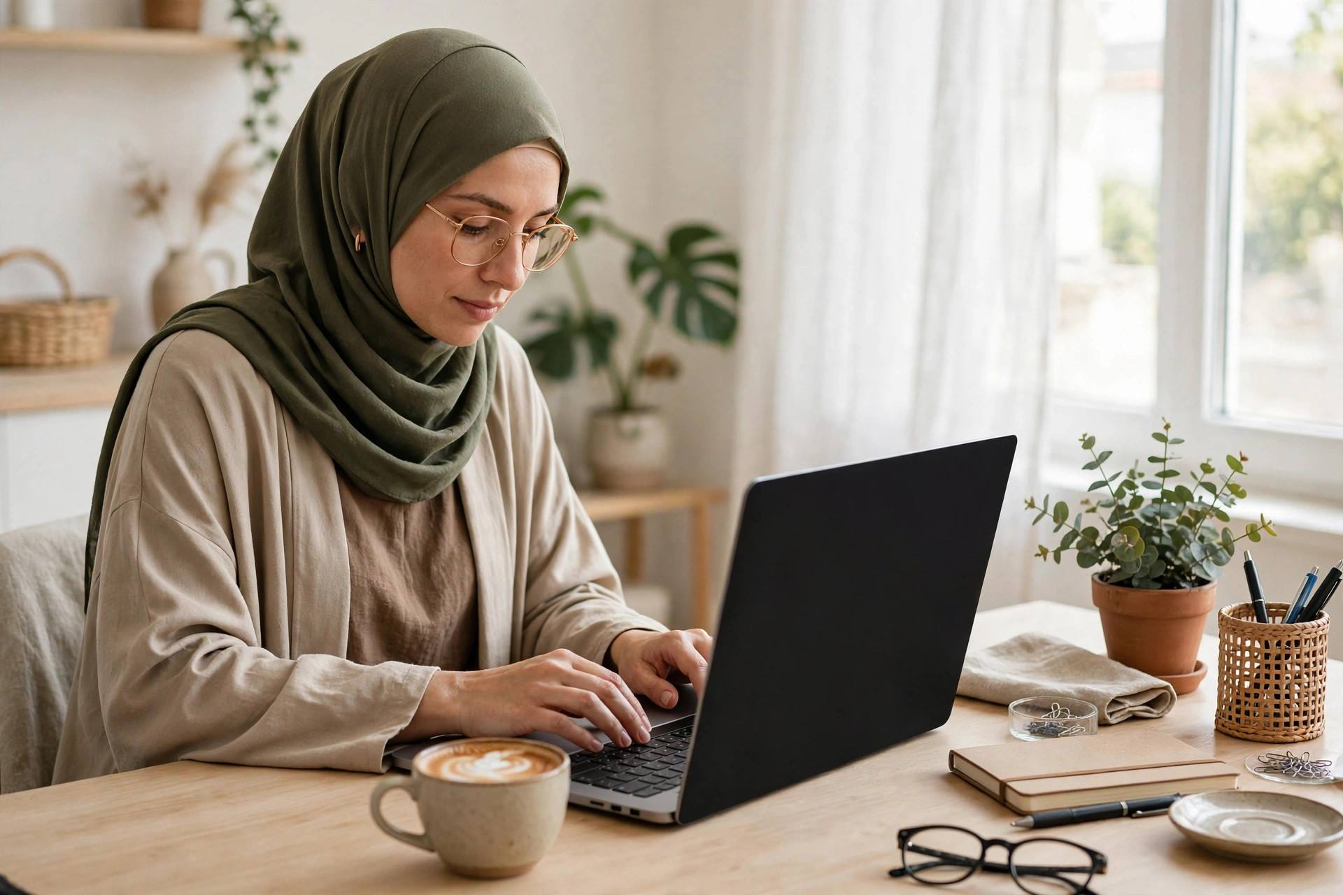 Blogger writing a newsletter draft on a laptop at a bright desk