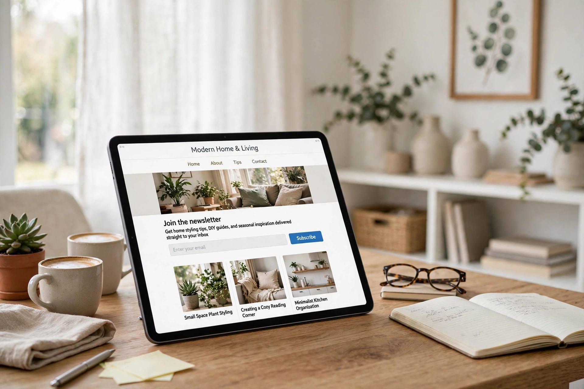 Email signup form displayed on a blog homepage on a tablet