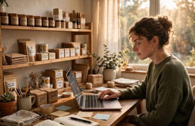 An online business owner working from a home office